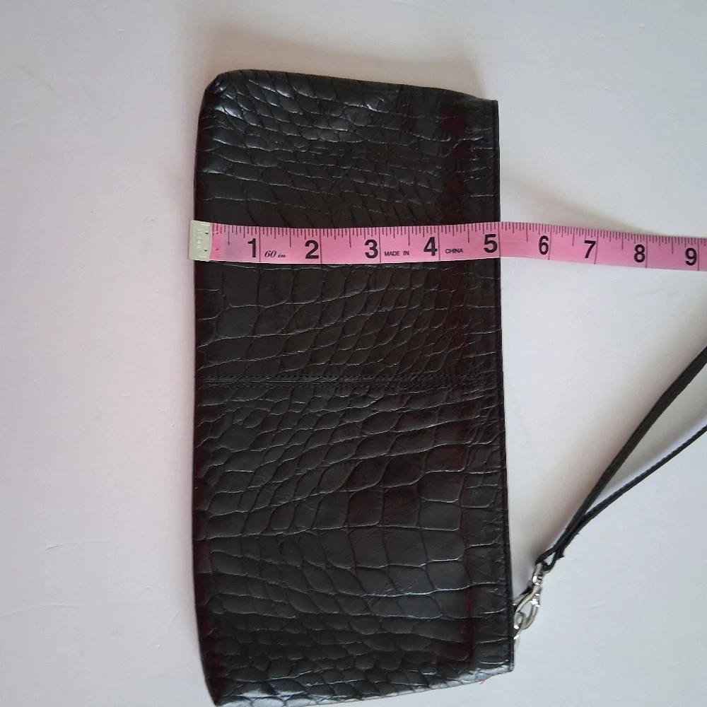 Lodis Crocodile Embossed Leather Wristlet Clutch Black